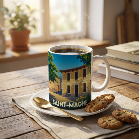 Mug souvenir de la ville de Saint-Magne orné d'une illustration stylisée d'une maison ensoleillée.