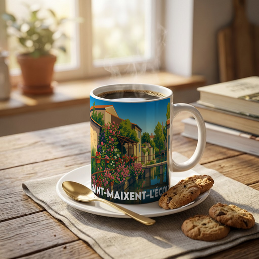 Mug souvenir de la ville de Saint-Maixent-l'École avec une illustration colorée et stylisée de ses bords de rivière.