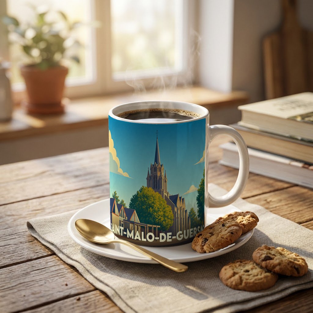 Mug souvenir de la ville de Saint-Malo-de-Guersac avec une illustration stylisée de son église.