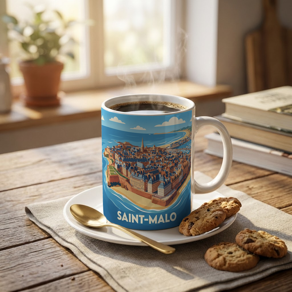 Mug souvenir de la ville de Saint-Malo avec une illustration stylisée de sa cité historique entourée par la mer.