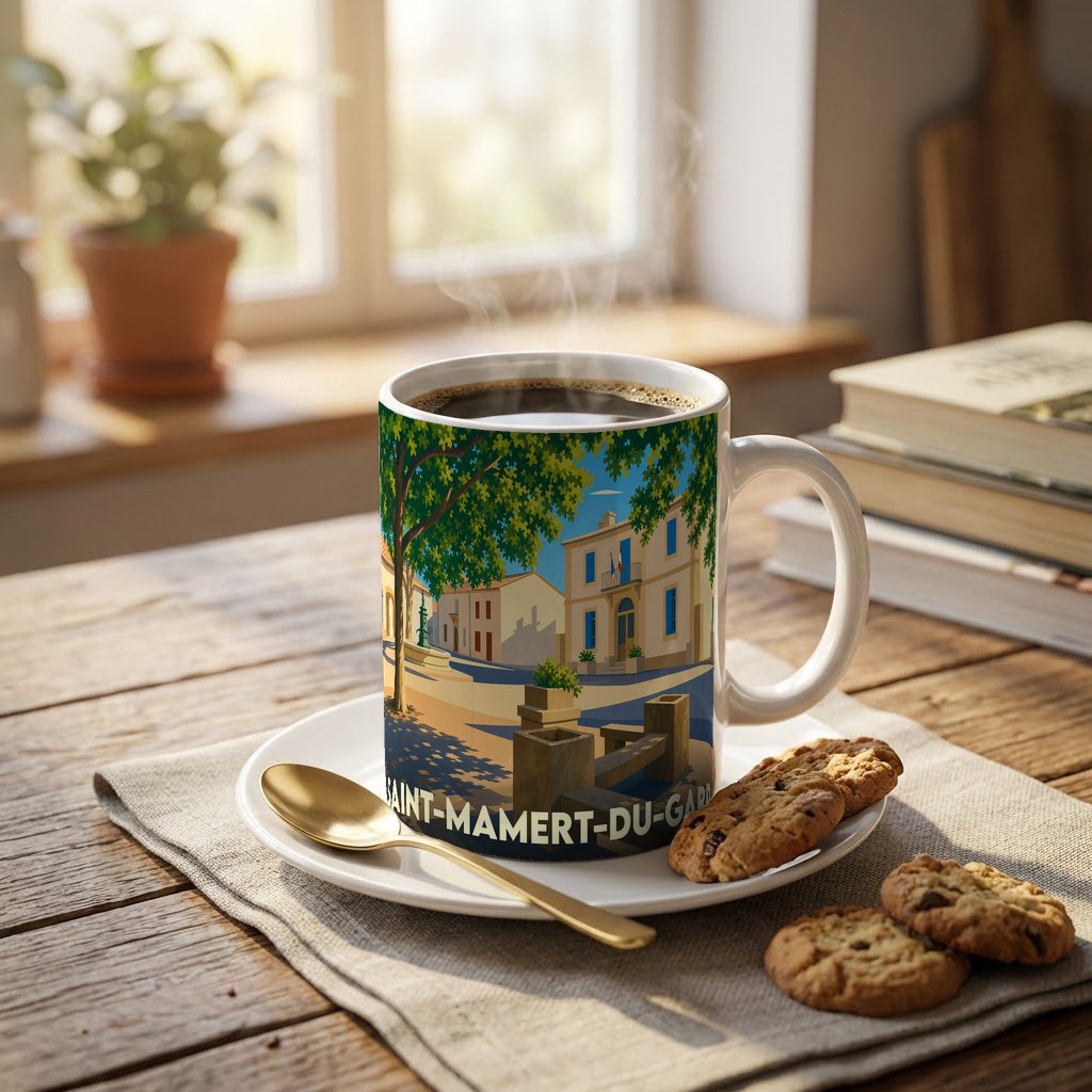 Mug souvenir de la ville de Saint-Mamert-du-Gard orné d'une illustration stylisée de sa place principale.