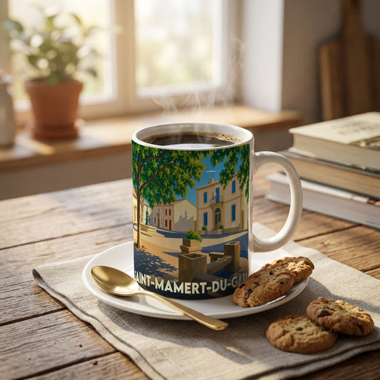 Mug souvenir de la ville de Saint-Mamert-du-Gard orné d'une illustration stylisée de sa place principale.