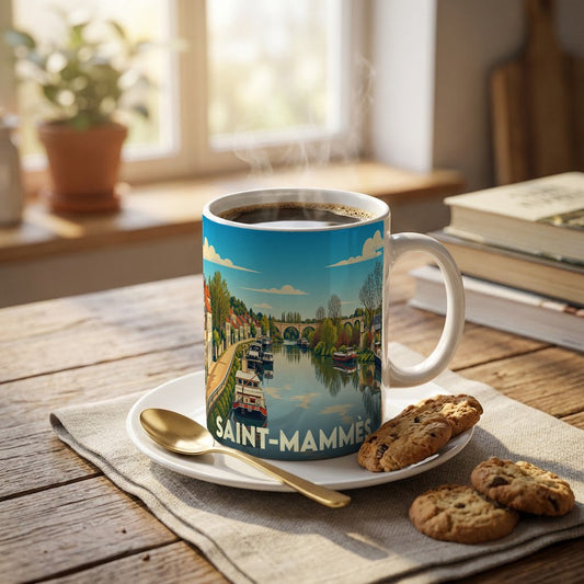 Mug souvenir de la ville de Saint-Mammès orné d'une illustration stylisée de ses quais et de ses péniches.