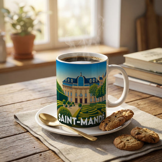 Mug souvenir de la ville de Saint-Mandé avec une illustration stylisée de son hôtel de ville.