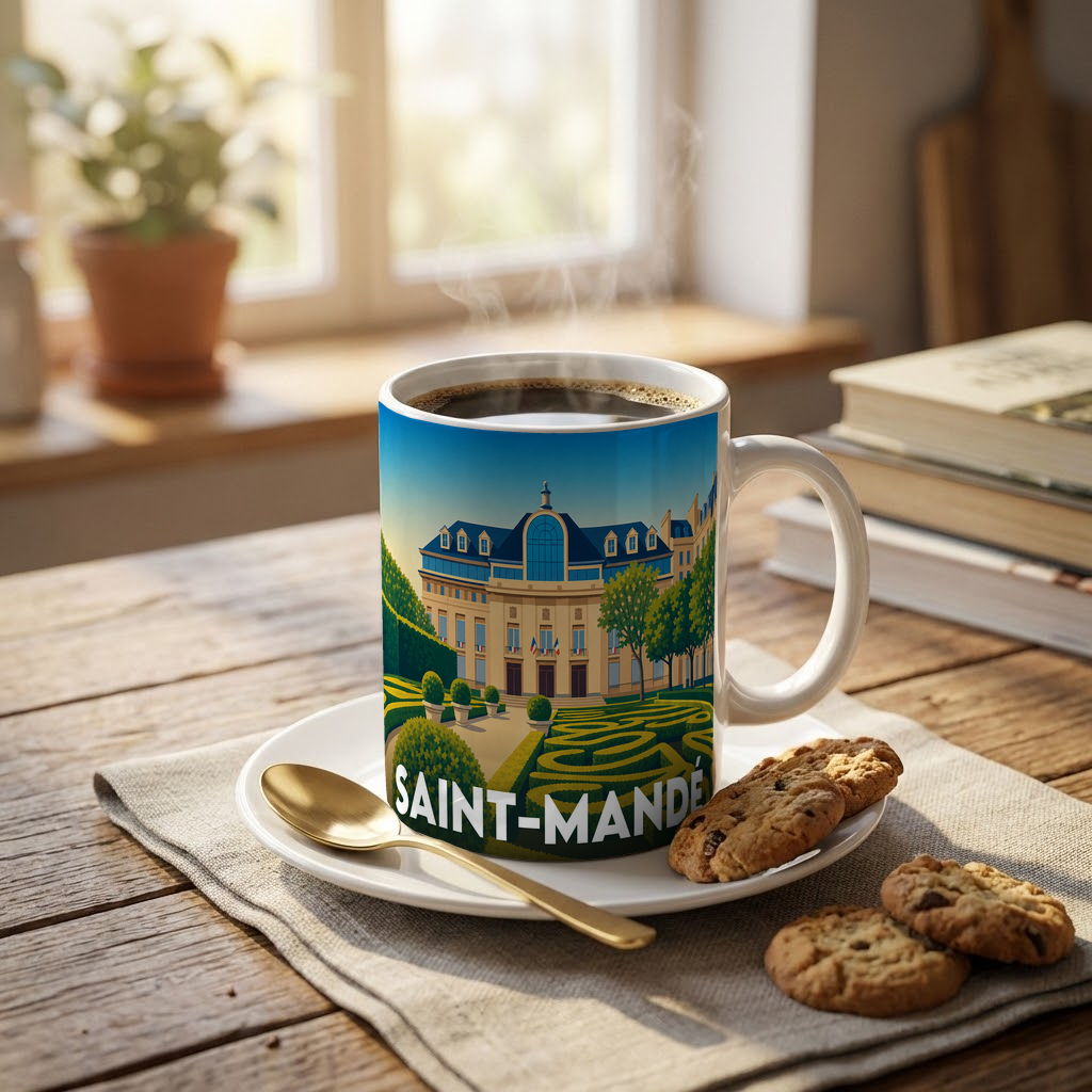 Mug souvenir de la ville de Saint-Mandé avec une illustration stylisée de son hôtel de ville.