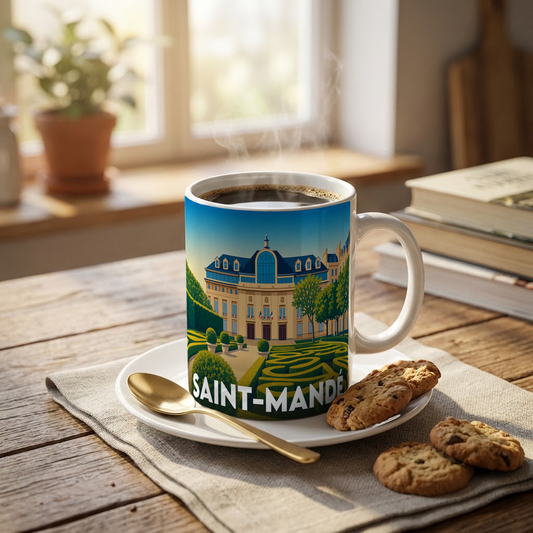 Mug souvenir de la ville de Saint-Mandé avec une illustration stylisée de son hôtel de ville.