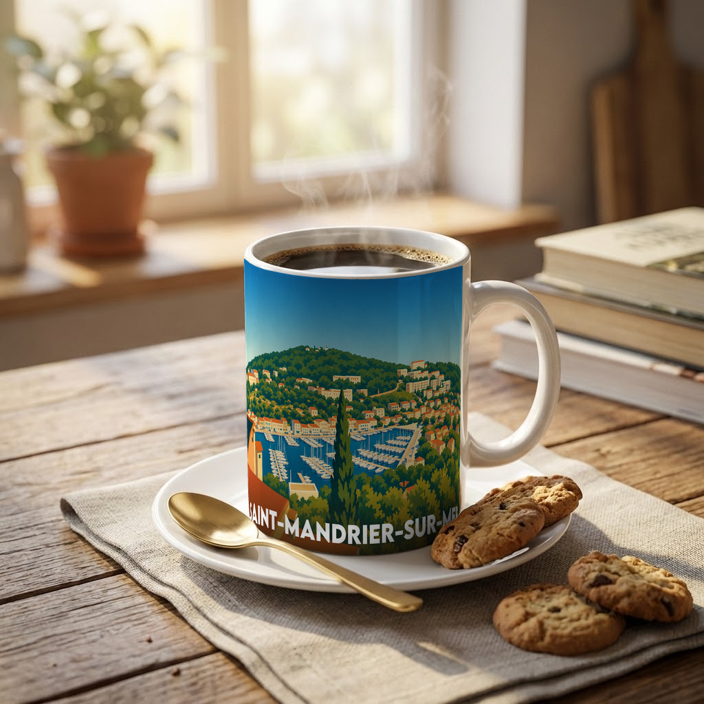 Mug souvenir de la ville de Saint-Mandrier-sur-Mer avec une illustration stylisée.