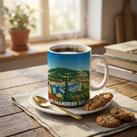 Mug souvenir de la ville de Saint-Mandrier-sur-Mer avec une illustration stylisée.