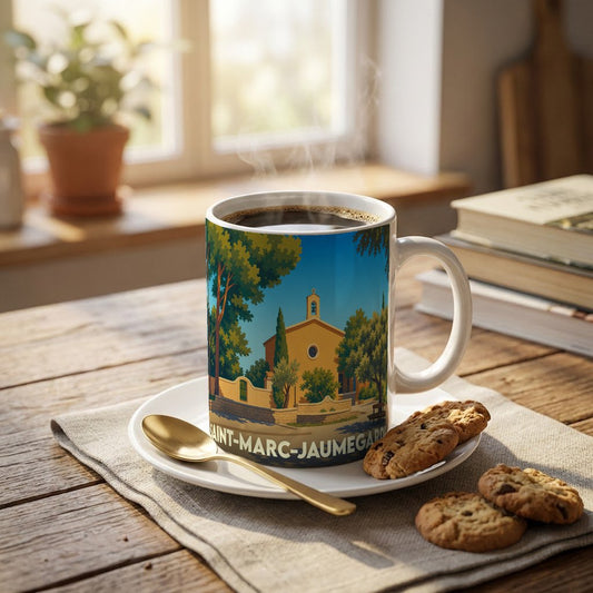 Mug souvenir de la ville de Saint-Marc-Jaumegarde avec une illustration stylisée d'une église provençale sous un ciel bleu.