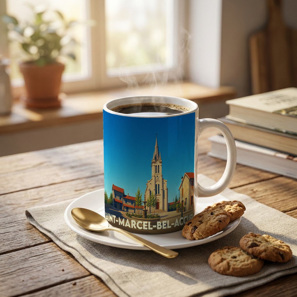 Mug souvenir de la ville de Saint-Marcel-Bel-Accueil avec une illustration stylisée.