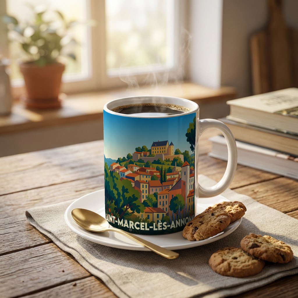 Mug souvenir de la ville de Saint-Marcel-lès-Annonay illustré par un paysage de village coloré.