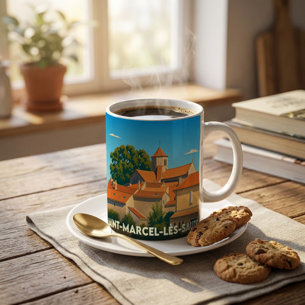 Mug souvenir de la ville de Saint-Marcel-lès-Sauzet avec une illustration stylisée de son église et de ses toits provençaux.