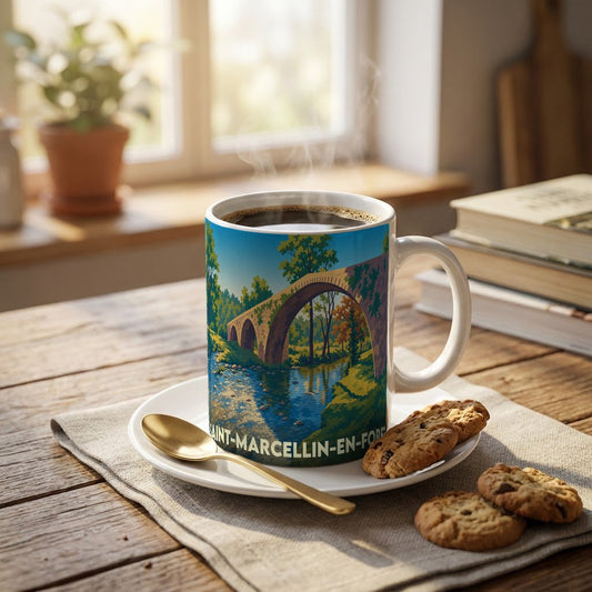 Mug souvenir de la ville de Saint-Marcellin-en-Forez illustré d'un pont en pierre surplombant une rivière.