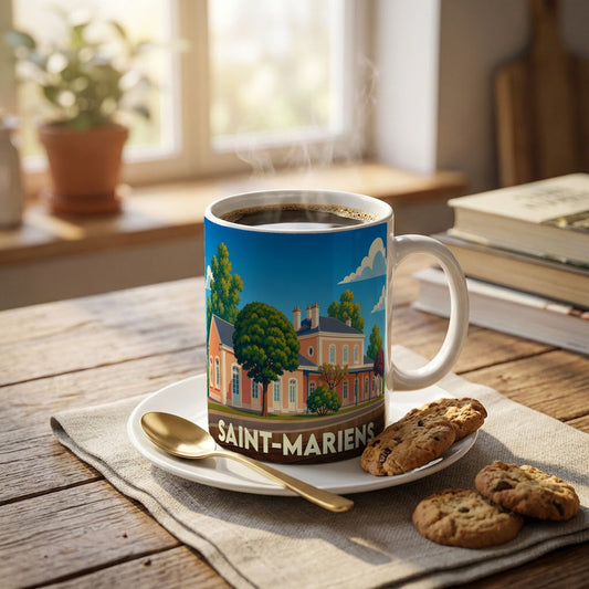 Mug souvenir de la ville de Saint-Mariens orné d'une illustration stylisée de sa mairie.