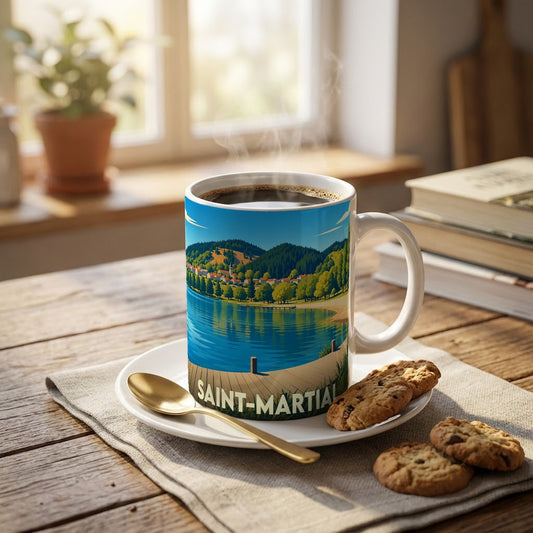 Mug souvenir de la ville de Saint-Martial orné d'une illustration stylisée de son lac et de ses montagnes.