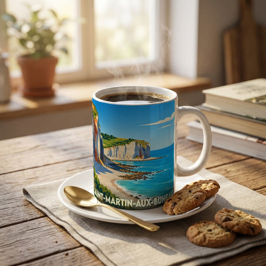 Mug souvenir de la ville de Saint-Martin-aux-Buneaux avec une illustration stylisée de ses falaises.