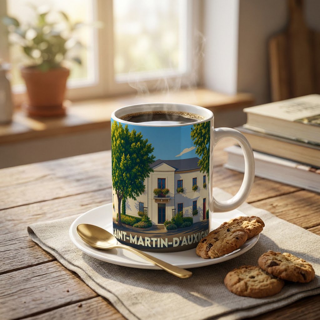 Mug souvenir de la ville de Saint-Martin-d'Auxigny avec une illustration stylisée d'un bâtiment arboré.
