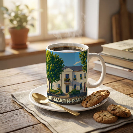 Mug souvenir de la ville de Saint-Martin-d'Auxigny avec une illustration stylisée d'un bâtiment arboré.