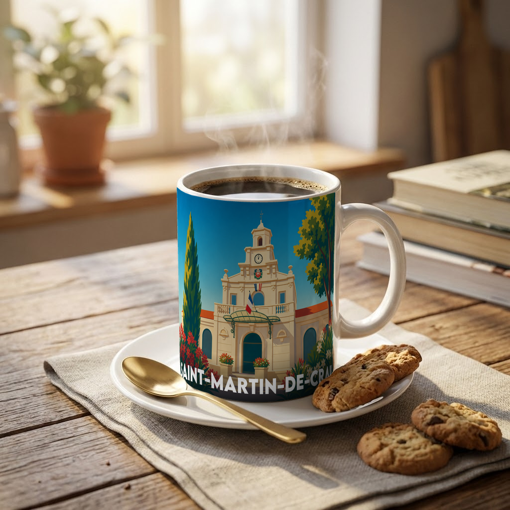 Mug souvenir de la ville de Saint-Martin-de-Crau avec une illustration stylisée.