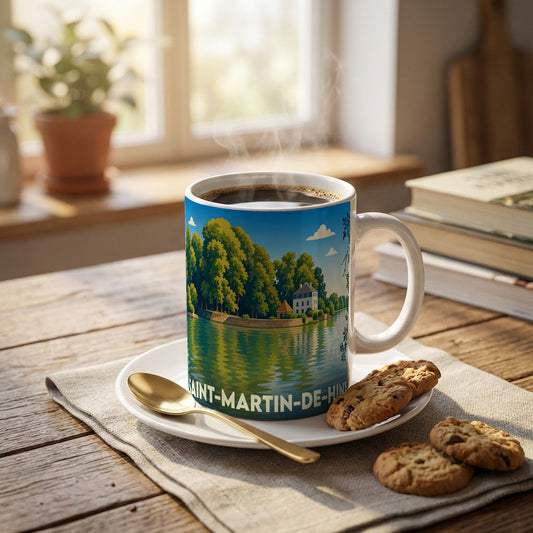 Mug souvenir de la ville de Saint-Martin-de-Hinx orné d'une illustration bucolique au bord de l'eau.