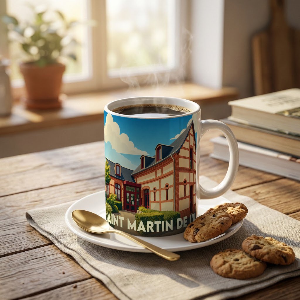 Mug souvenir de la ville de Saint Martin de l'If illustré d'un bâtiment traditionnel à colombages.