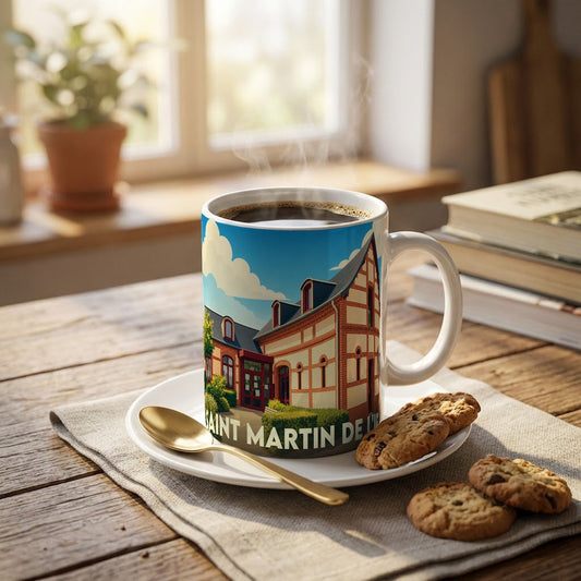 Mug souvenir de la ville de Saint Martin de l'If illustré d'un bâtiment traditionnel à colombages.