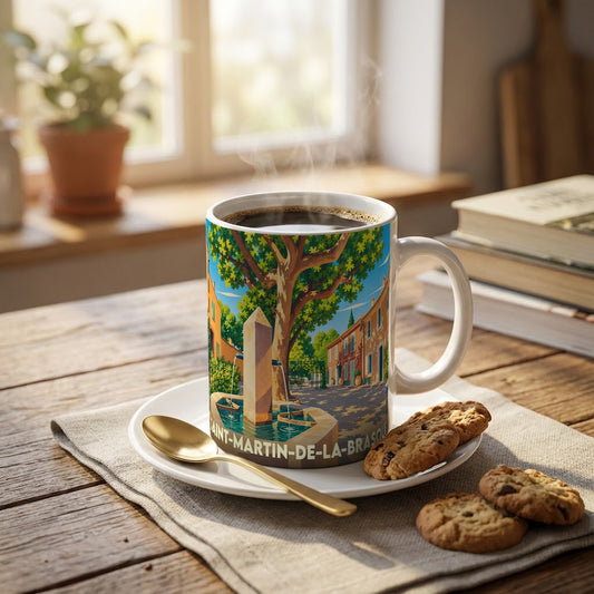 Mug souvenir de la ville de Saint-Martin-de-la-Brasque orné d'une illustration stylisée d'une place ensoleillée avec fontaine.