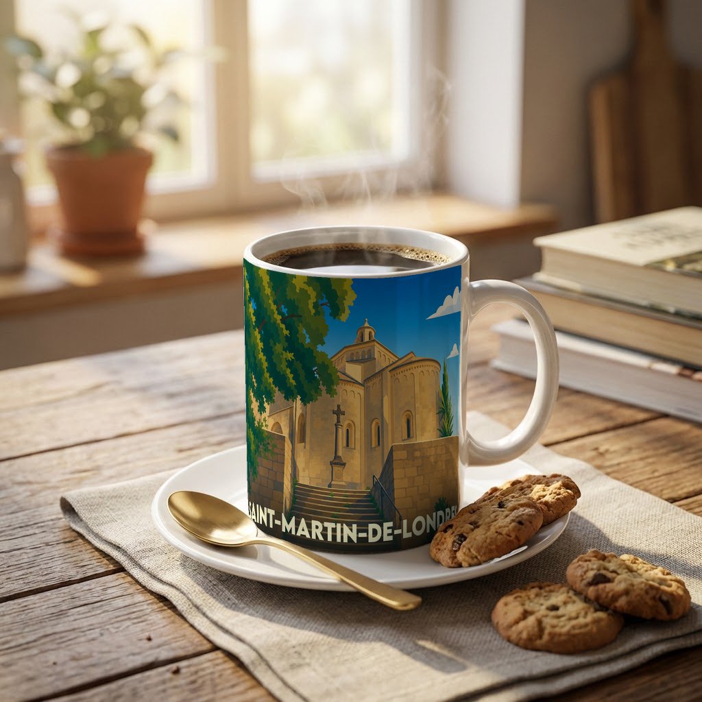 Mug souvenir de la ville de Saint-Martin-de-Londres avec une illustration stylisée de son église romane.