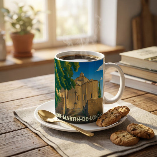 Mug souvenir de la ville de Saint-Martin-de-Londres avec une illustration stylisée de son église romane.