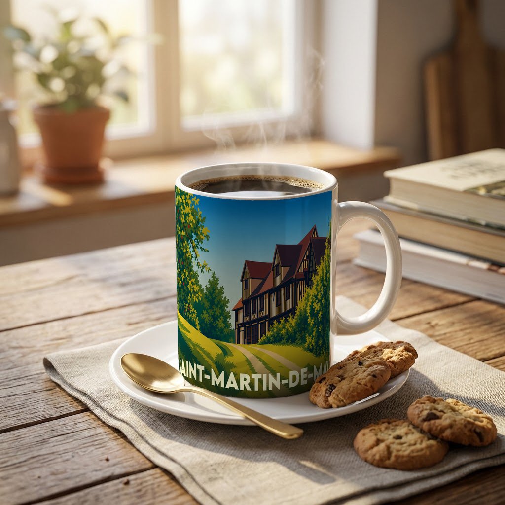 Mug souvenir de la ville de Saint-Martin-de-May avec une illustration stylisée d'un manoir normand.