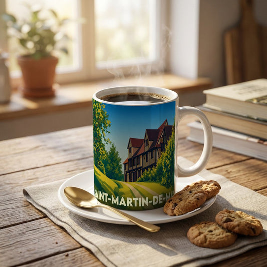 Mug souvenir de la ville de Saint-Martin-de-May avec une illustration stylisée d'un manoir normand.