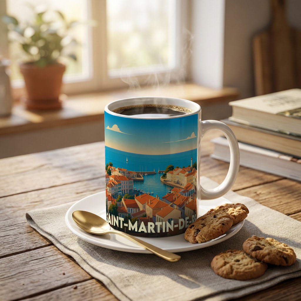 Mug souvenir de la ville de Saint-Martin-de-Ré orné d'une illustration stylisée de son port.