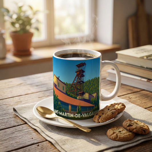 Mug souvenir de Saint-Martin-de-Valgalgues illustré d'un chevalement de mine stylisé.