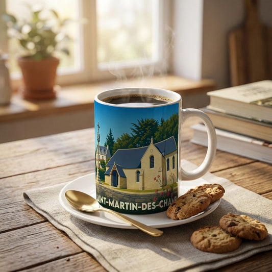 Mug souvenir de la ville de Saint-Martin-des-Champs avec une illustration stylisée de son église.