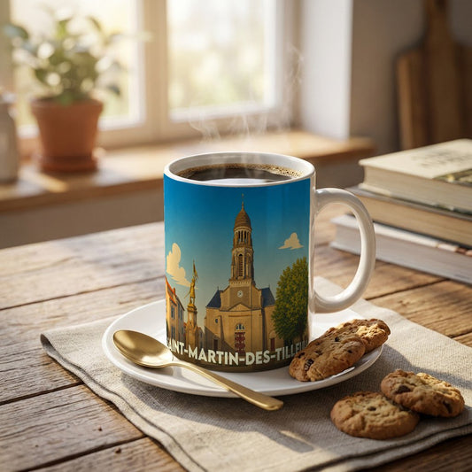 Mug souvenir de la ville de Saint-Martin-des-Tilleuls avec une illustration stylisée de son église.