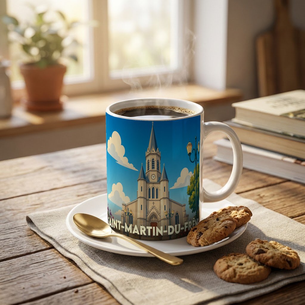 Mug souvenir de la ville de Saint-Martin-du-Frêne avec une illustration stylisée de son église.
