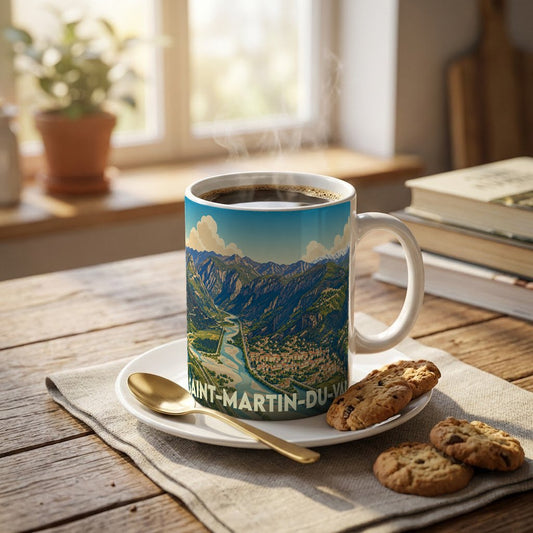 Mug souvenir de la ville de Saint-Martin-du-Var avec une illustration paysagère stylisée.