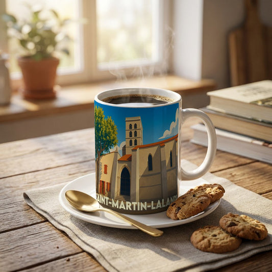 Mug souvenir de la ville de Saint-Martin-Lalande orné d'une illustration stylisée de son église.