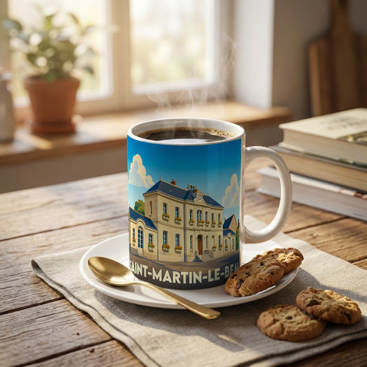 Mug souvenir de la ville de Saint-Martin-le-Beau orné d'une illustration stylisée du bâtiment de la mairie.
