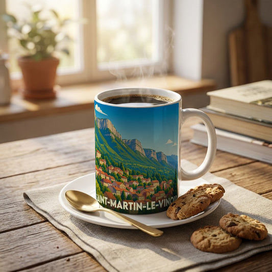 Mug souvenir de la ville de Saint-Martin-le-Vinoux avec une illustration stylisée de son paysage montagneux.