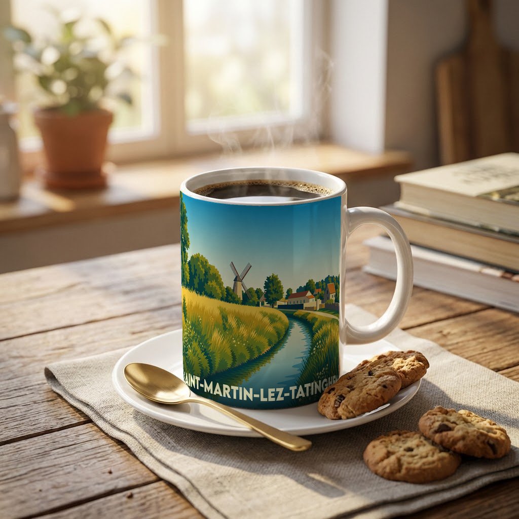 Mug souvenir de la ville de Saint-Martin-lez-Tatinghem avec une illustration stylisée d'un paysage rural.