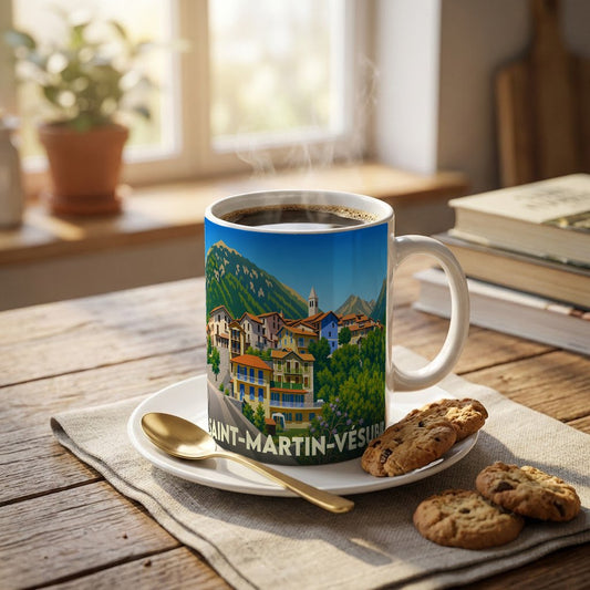 Mug souvenir de la ville de Saint-Martin-Vésubie avec une illustration colorée et stylisée de son paysage montagneux.