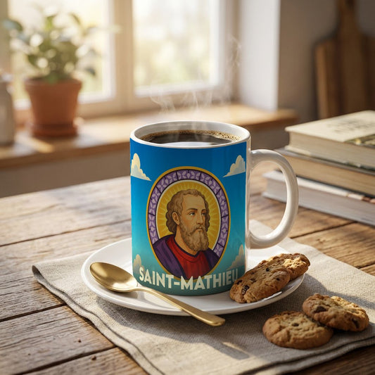 Mug souvenir de la ville de Saint-Mathieu avec une illustration stylisée.