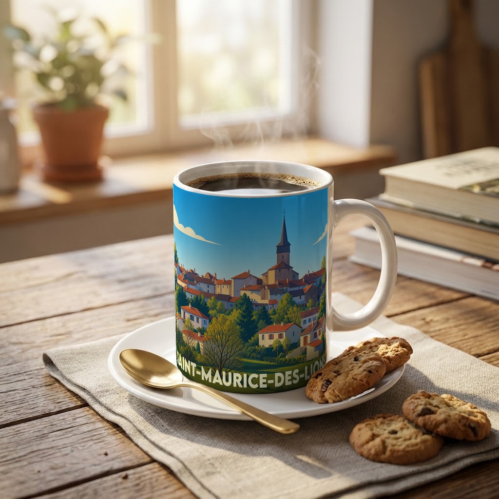 Mug souvenir de la ville de Saint-Maurice-des-Lions avec une illustration stylisée et colorée.