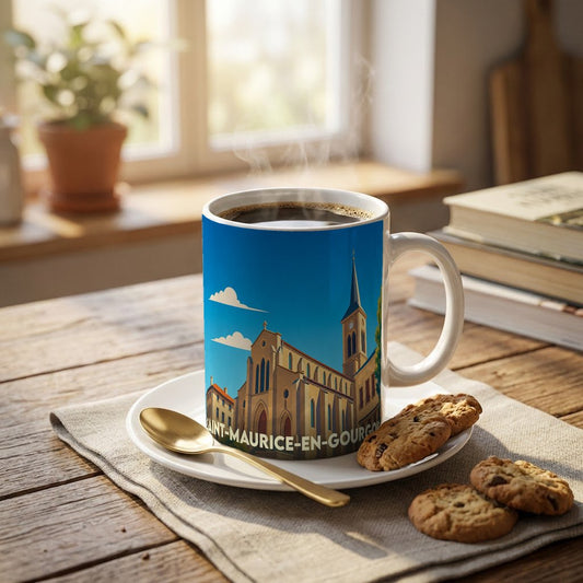 Mug souvenir de la ville de Saint-Maurice-en-Gourgois orné d'une illustration stylisée de son église.
