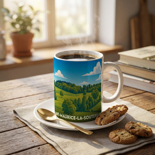 Mug souvenir de la ville de Saint-Maurice-la-Souterraine orné d'une illustration de paysage verdoyant.