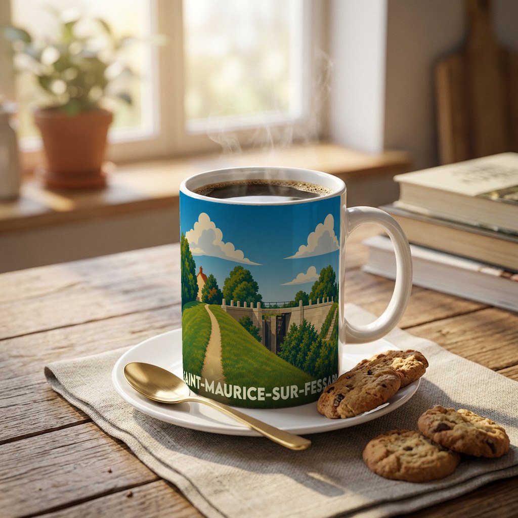 Mug souvenir de la ville de Saint-Maurice-sur-Fessard orné d'une illustration stylisée de son paysage et de ses écluses.