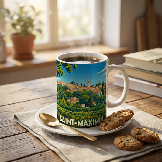 Mug souvenir de la ville de Saint-Maximin arborant une illustration stylisée de son paysage urbain et de sa végétation.