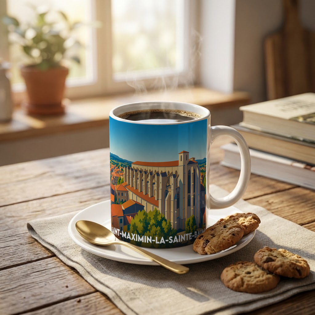 Mug souvenir de la ville de Saint-Maximin-la-Sainte-Baume avec une illustration stylisée de sa basilique.