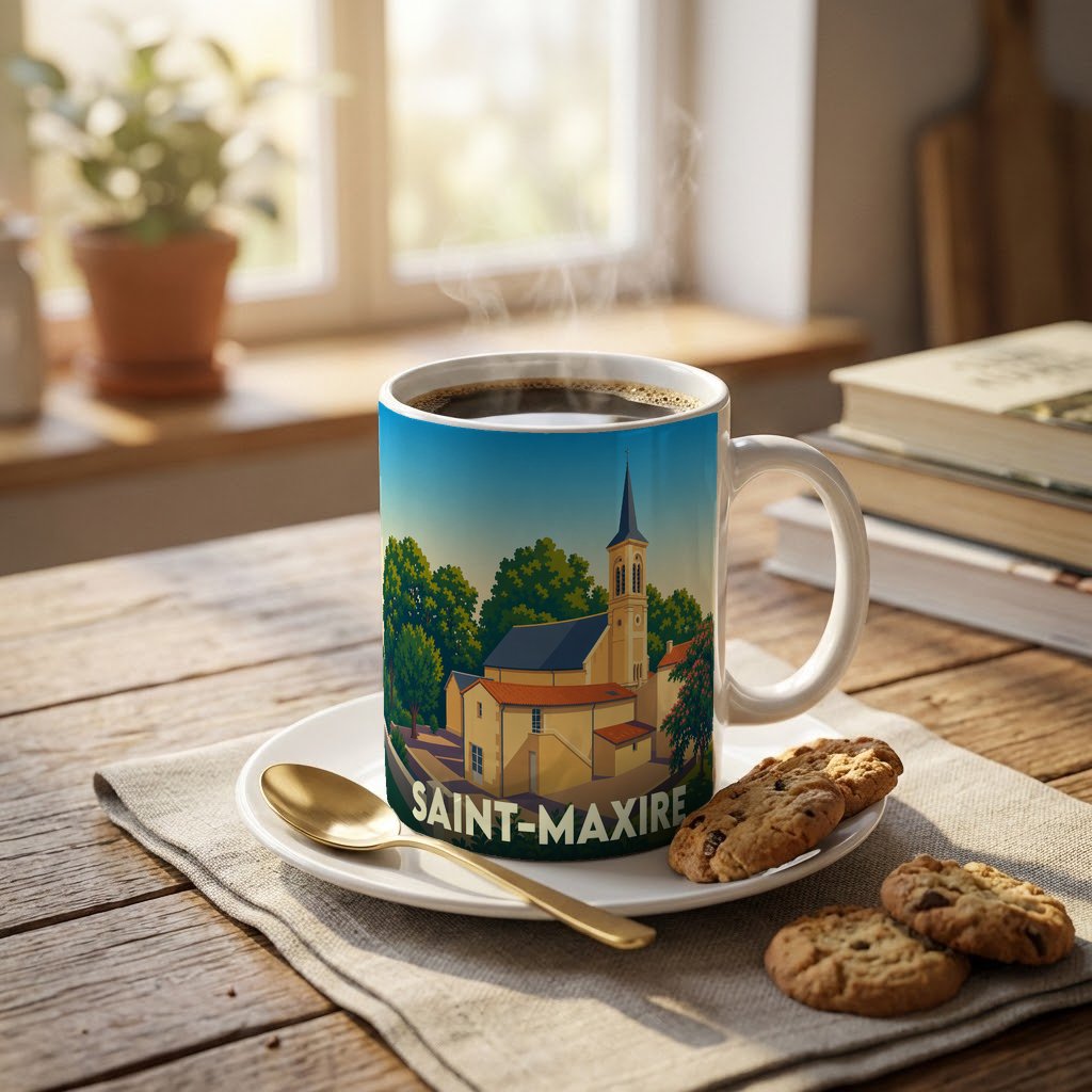 Mug souvenir de la ville de Saint-Maxire orné d'une illustration stylisée de son église.